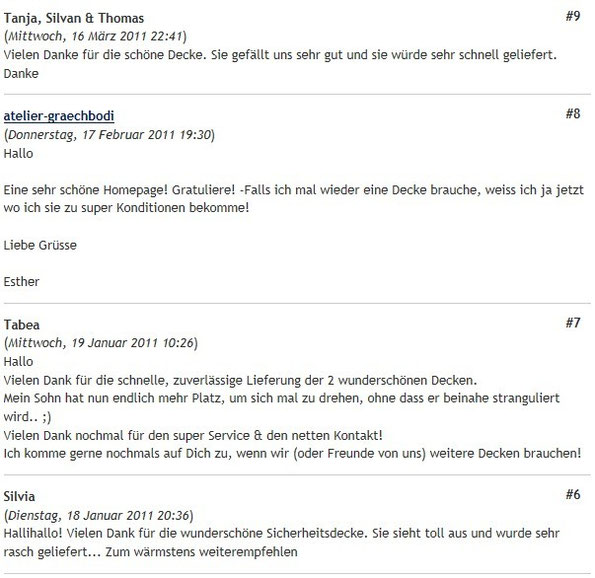 Rückmeldungen - Fixdecken, Sicherheitsdecken für Kinder, Sicherheits