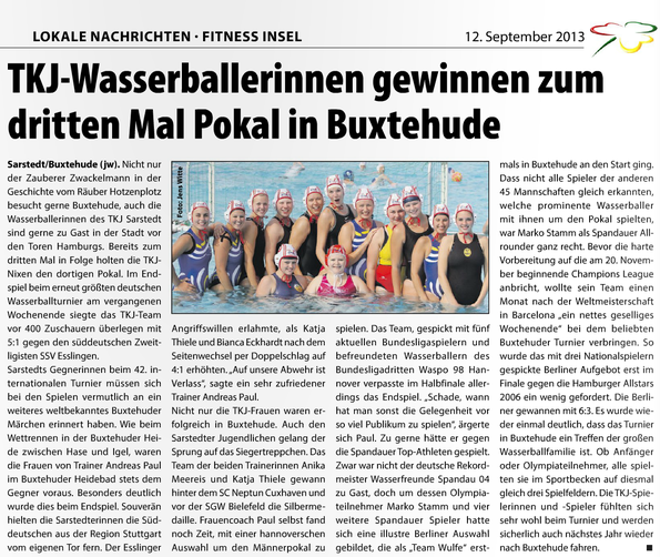 TKJ-Wasserballerinnen gewinnen zum dritten Mal Pokal in Buxtehude. Sarstedter Kleeblatt vom 12.09.2013