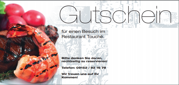Beispiel Gutschein vom Restaurant Touché mit großem Gutschein Schriftzug und Scampi, Cocktailtomaten und Steak als Bild eingebettet