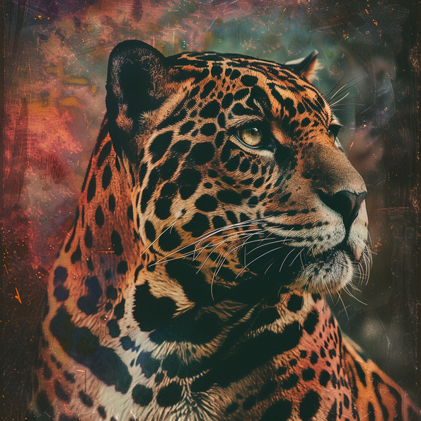 Der Kopf eines wunderschönen Jaguar's ist zu sehen in gedeckten Vintage Farben, vor einem farbigen gedeckten Hintergrund mit Farbflecken in Grün, Orange, Rot, Blau, Grau, Schwarz und Pink