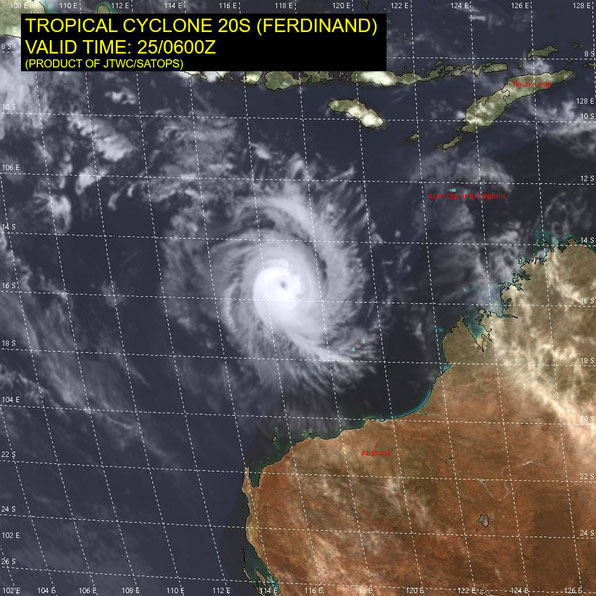 Satellite image of tropical cyclone Ferdinand of the north west coast of Australia, 25/02/2020. Image from JTWC