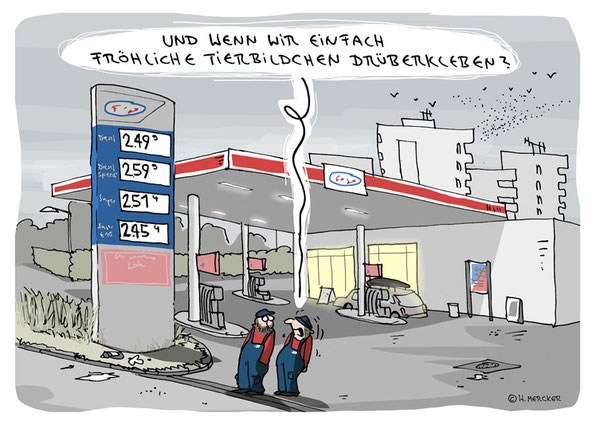 Cartoon von H. Mercker zum Thema Spritpreise und Tanken
