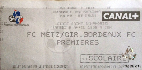 8 avr. 1995: FC Metz - G. Bordeaux - 32ème Journée - Championnat de France (2/3 - 11.744 spect.)