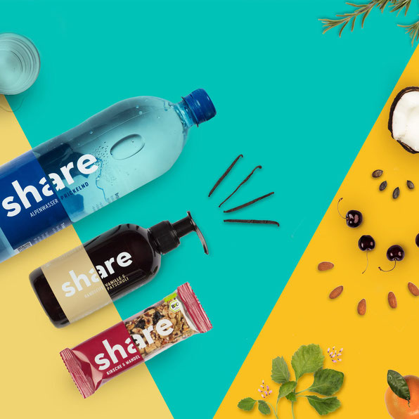 Foto von share mit Alpenwasser, Seife und Nussriegel im Patschehand.de-Look.