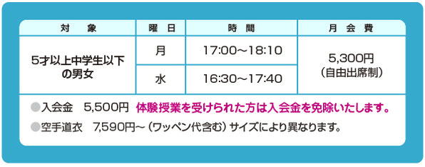 空手教室,ご利用案内