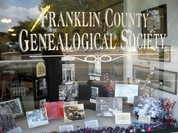 Front display window and sign of the Franklin County Genealogical Society Research Room