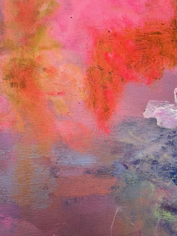 Contemporary art, sanfte Pastelltöne, Schichtmalerei, Abstrakte Wolkenform, halbtransparent, neonpink und pastellrosa,