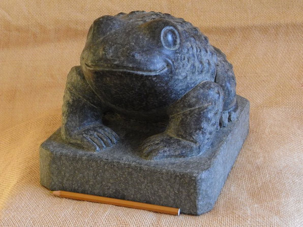 Kröte im Gartenteich. Kröte aus schwarzem Stein. Skulptur in Form einer kleinen Kröte aus Stein. Kröte aus Stein. Versteinerung. Versteinerte Kröte.