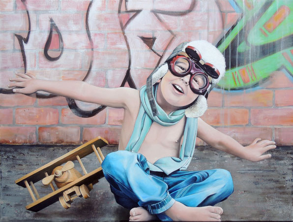 street-art peinture contemporaine couleurs humour enfant pilote avion