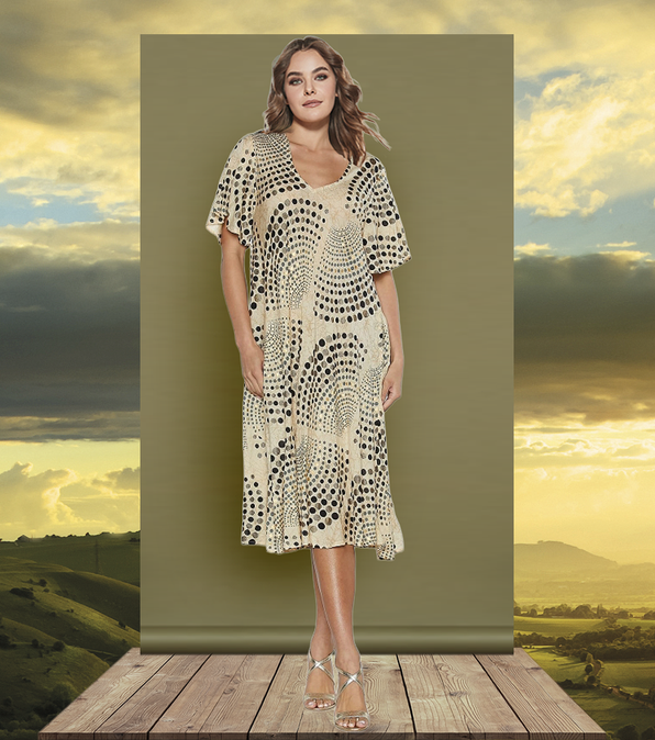 Boho-Outlet-Damenkleid aus 100% hochwertiger Viscose mit dezentem Muster