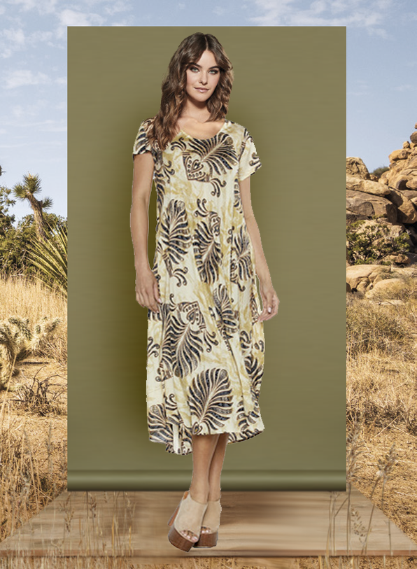Boho-Outlet-Damenkleid aus 100% hochwertiger Viscose mit dezentem Muster