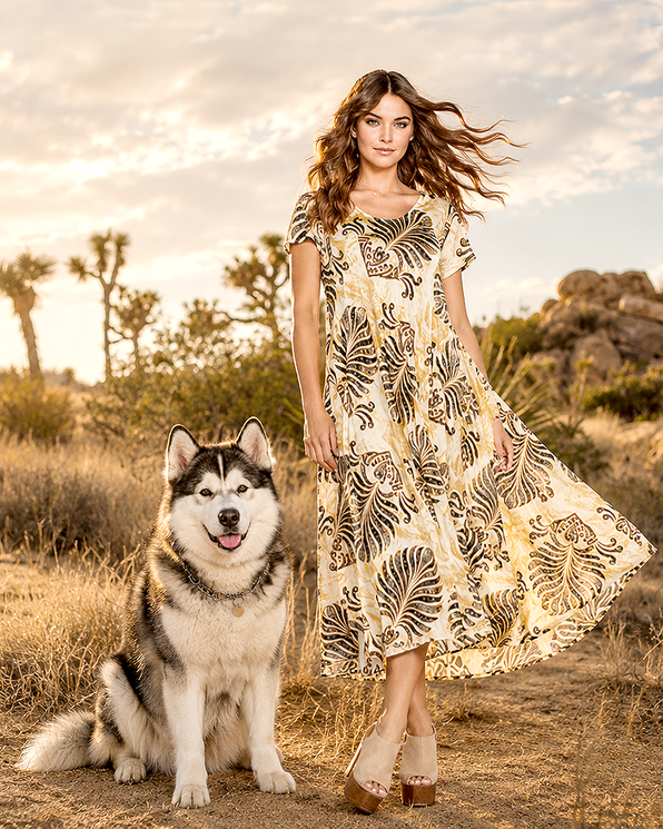 Boho-Outlet-Damenkleid aus 100% hochwertiger Viscose mit dezentem Muster
