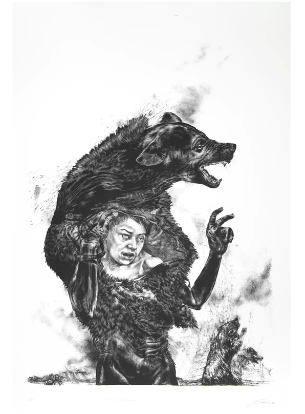 Diane Victor, The boy who cried Wolf, manière noire, lithographie, pierre, 2019, 108 x 77.