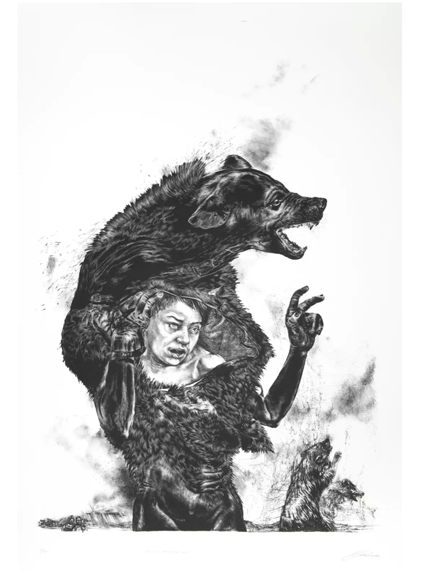 Diane Victor, The boy who cried Wolf, manière noire,  lithographie, pierre, 2019, 108 x 77.