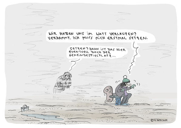 Cartoon von H. Mercker über Irrungen und Wirrungen im Watt.