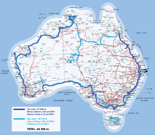 Carte de l’Australie avec itinéraire en Bleu foncé pour la première année et en bleu clair pour la seconde