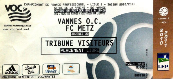 5 févr. 2011: Vannes O.C - FC Metz - 22ème Journée - Championnat de France (1/2 - 2.760 spect.)