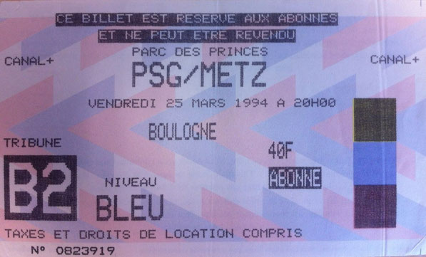 25 mars 1994: Paris SG - FC Metz - 31ème Journée - Championnat de France (1/0 - 26.979 spect.)