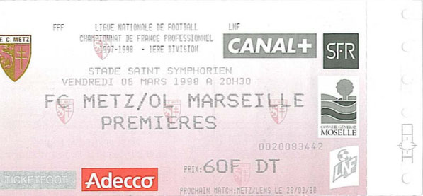 5 mars 1998: FC Metz - O. Marseille - 28ème Journée - Championnat de France (3/2 - 18.644 spect.)