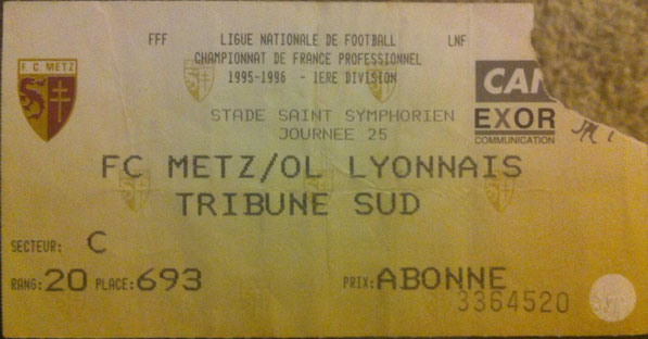 5 mars 1996: FC Metz - O. Lyonnais - 25ème Journée - Championnat de France (0/1 - 19.647 spect.)