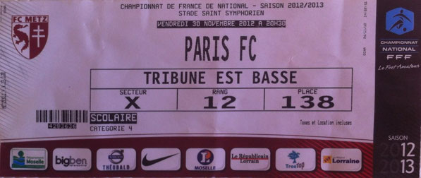 30 nov. 2012: FC Metz - Paris FC - 16ème Journée - Championnat de France (3/0 - 6.817 spect.)