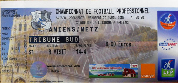 20 avr. 2007: Amiens - FC Metz - 33ème Journée - Championnat de France (0/2 - 10.638 spect.)