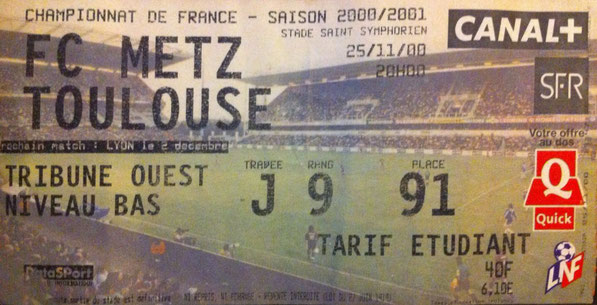 25 nov. 2000: FC Metz - Toulouse FC - 17ème Journée - Championnat de France (2/1 - 13.464 spect.)
