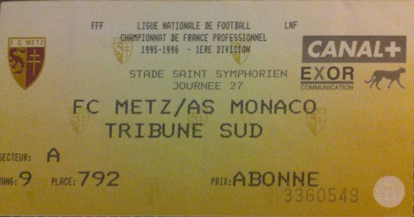 14 avr. 1996: FC Metz - AS Monaco - 27ème Journée - Championnat de France (0/3 - 25.339 spect.)