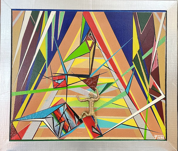Kunstinstallation - Kunstwerk „SUKZESSIVE“ von Andreas Alka alias FLoYd: Drahtfigur im Aufstieg vor dynamischer Farblandschaft – Symbol für Entwicklung, Zielstrebigkeit und Fortschritt. Ideal als Inspirationsquelle für moderne Arbeitsumgebungen.