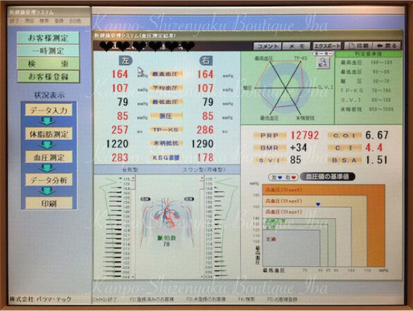 豊橋の漢方不妊治療の漢方自然薬のイバ 血圧血流測定解説画面