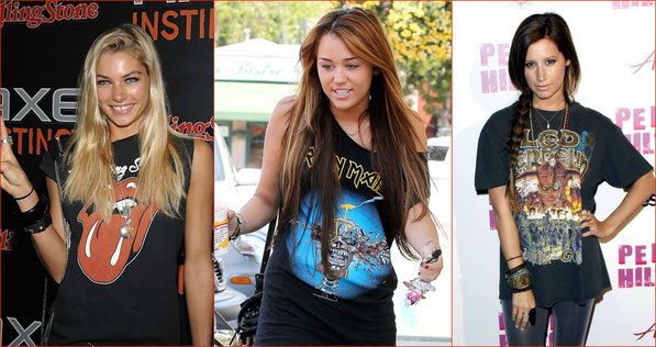 Auch die Stars lieben den Trend: Model Jessica Hart in "Rolling Stones", Miley Cyrus in "Iron Maiden" und Ashley Tisdale im "Led Zepelin"- Fan-Shirt.