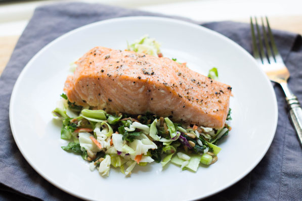 This easy baked salmon with chopped salad is a high protein, gluten free, and low carb recipe for lunch or dinner. It also only has two main ingredients and takes just a few minutes to make!
