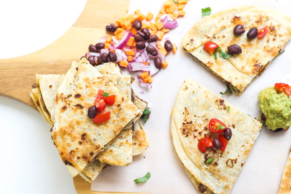 These freezer-friendly quesadillas are packed with protein plus a nutrition boost from the flavorful filling with beef, mushrooms, sweet potatoes, and black beans.  Great weeknight dinner recipe ready in 10 minutes! 