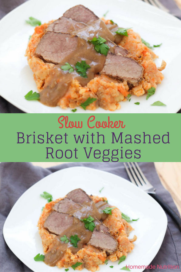 This slow cooker beef brisket with mashed potatoes, carrots, and onions is a beautiful family-friendly comfort dish!  It's a classic recipe made a little lighter and takes only a few minutes to prep! 