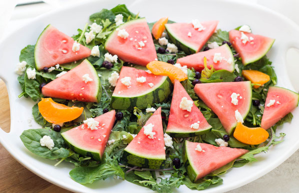 These easy summer platter salad featuring fresh watermelon is the perfect fresh seasonal dish to bring to bring to parties!  It’s simple, refreshing, and easy to customize to your taste!