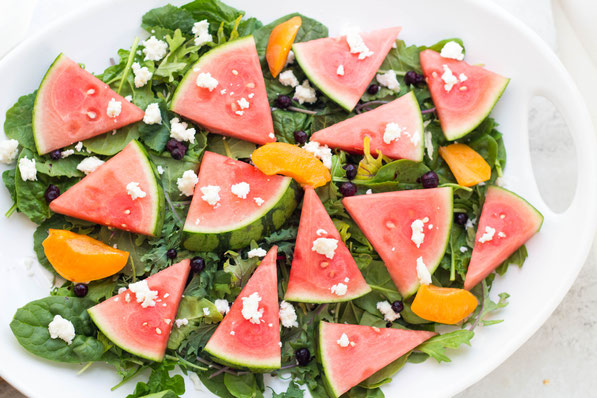 These easy summer platter salad featuring fresh watermelon is the perfect fresh seasonal dish to bring to bring to parties!  It’s simple, refreshing, and easy to customize to your taste!