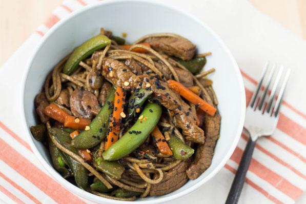 Frozen stir-fry vegetables and a delicious, easy-to-make marinade are the perfect addition to this quick beef, soba noodle, and veggie stir fry.  This recipe is healthy homemade fast food at it's finest!