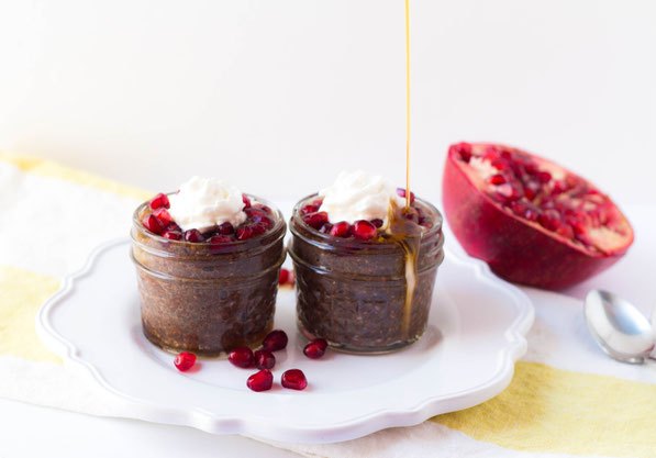 This no-cook chocolate chia pudding recipe with pomegranates and pure maple syrup is a simple yet impressive (and healthy) dessert; perfect for the holidays!