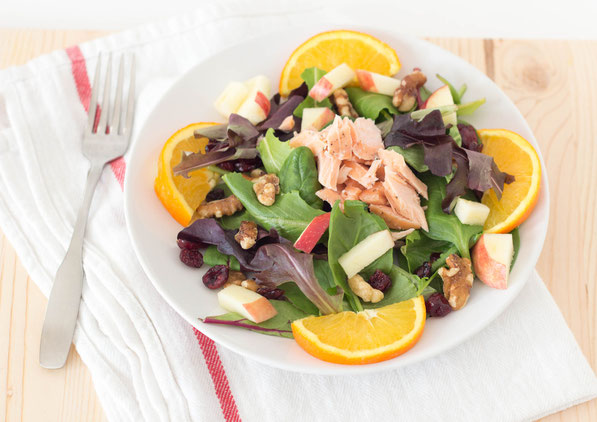 This bright, beautiful salad with salmon, walnuts, cranberries and oranges is the perfect easy healthy lunch or dinner!