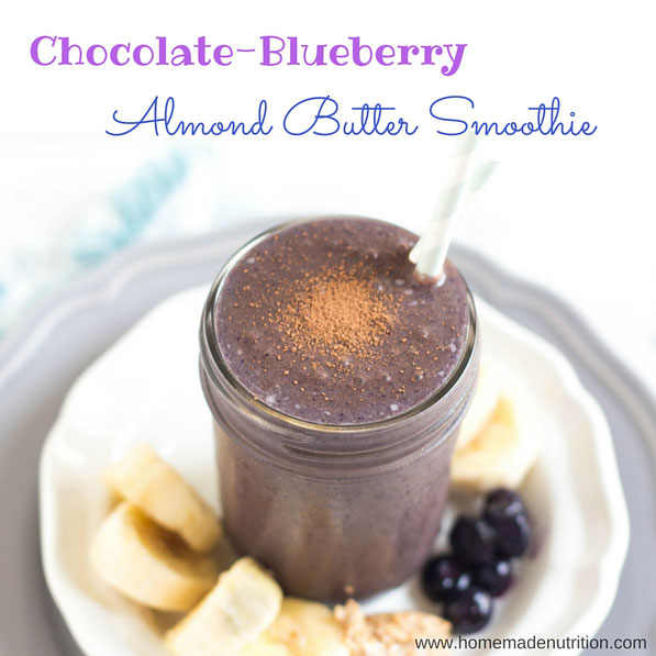 Blueberries, cocoa powder, bananas, and almond butter give this smoothie a rich creamy texture and beautiful flavor.  This sweet refreshing smoothie is a great gluten free, vegetarian breakfast recipe! 