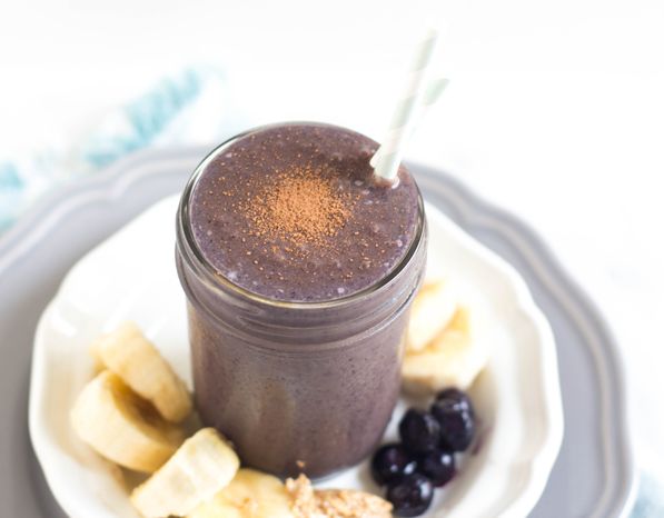 Blueberries, cocoa powder, bananas, and almond butter give this smoothie a rich creamy texture and beautiful flavor.  This sweet refreshing smoothie is a great gluten free, vegetarian breakfast recipe! 