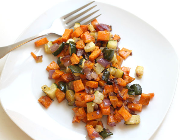 This is the most popular combination of roasted veggies I make for my family.  It also happens to be really easy to make, and there are simple additions to make these beautiful veggies into multiple meals for the week! 
