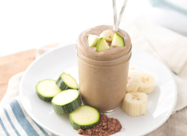 This creamy chocolate peanut butter smoothie with zucchini is a healthy way to start the day with a serving of veggies!  This recipe is gluten free, vegetarian, and absolutely delicious! 