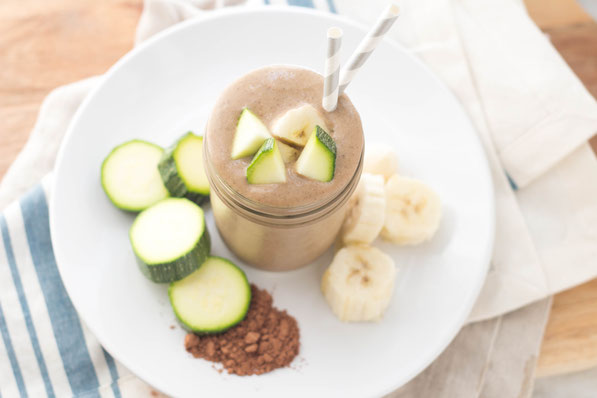 This creamy chocolate peanut butter smoothie with zucchini is a healthy way to start the day with a serving of veggies!  This recipe is gluten free, vegetarian, and absolutely delicious! 