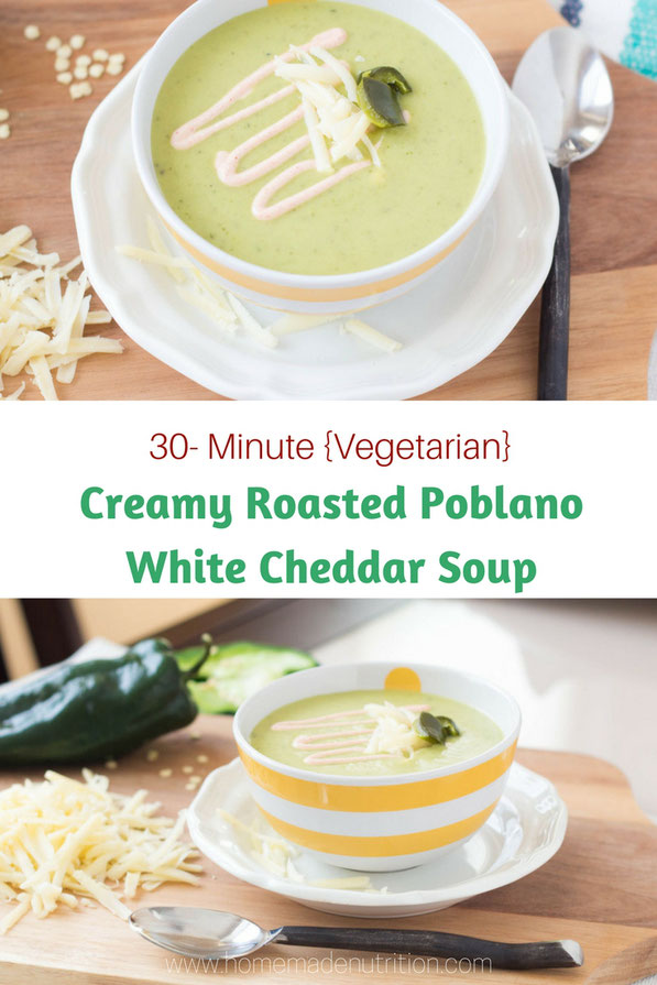 This light and creamy vegetarian roasted poblano white cheddar soup recipe takes only 30 minutes to make. Perfect for a busy weeknight dinner!