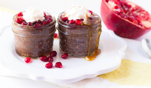 This no-cook chocolate chia pudding recipe with pomegranates and pure maple syrup is a simple yet impressive (and healthy) dessert; perfect for the holidays!