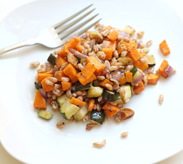 This is the recipe for my family-favorite roasted vegetables with the addition of farro to create a beautiful, hearty whole grain salad that can be enjoyed as a quick lunch or dinner option!
