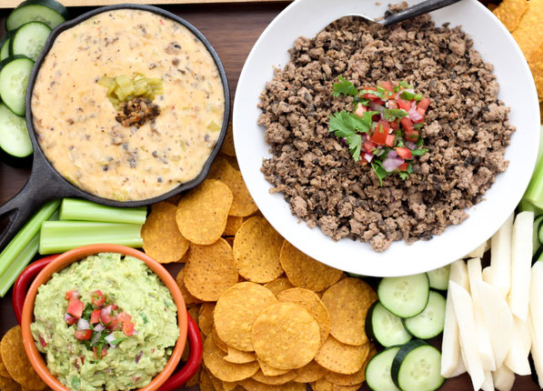 This is a three-in-one appetizer trio recipe everyone will love! And the addition of finely diced mushrooms along with fresh veggie sides make it a lighter option full of flavor and beautiful color, perfect for holiday or game-time gatherings!