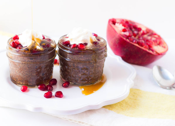 This no-cook chocolate chia pudding recipe with pomegranates and pure maple syrup is a simple yet impressive (and healthy) dessert; perfect for the holidays!