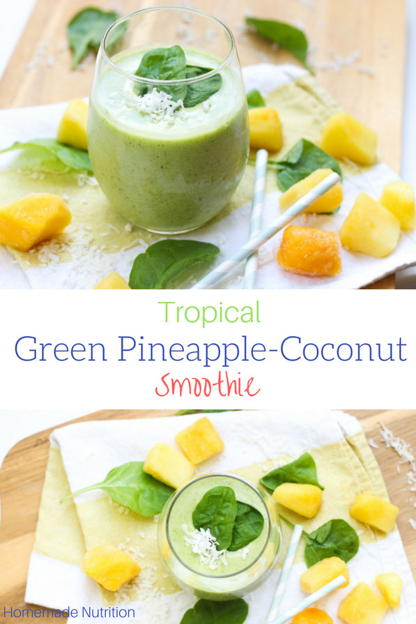 This tropical healthy green smoothie recipe made with spinach, pineapple, coconut, and mango is the perfect light summer breakfast!